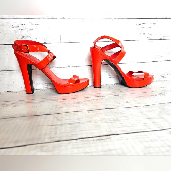 Ralph Lauren Faythe Bright Orange 100% Leather Strappy Platform Heels Size 10B - Picture 5 of 15